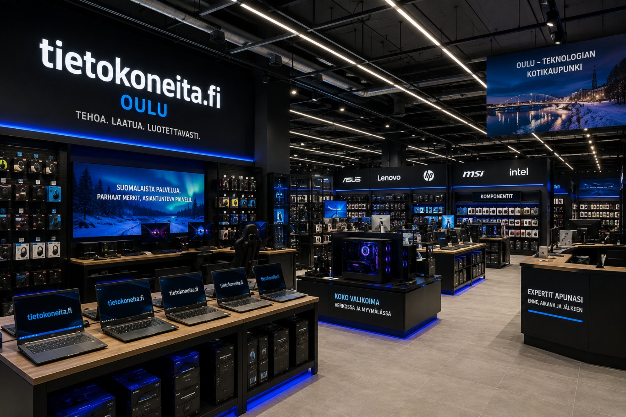 Moderni tietokonekaupan kuvitus käytetyistä kannettavista tietokoneista Oulussa